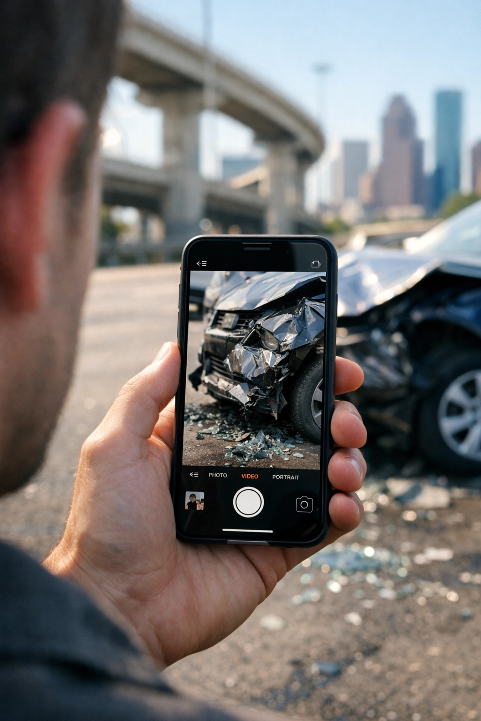 Documenting evidence after a Houston car wreck using a smartphone to capture vehicle damage.