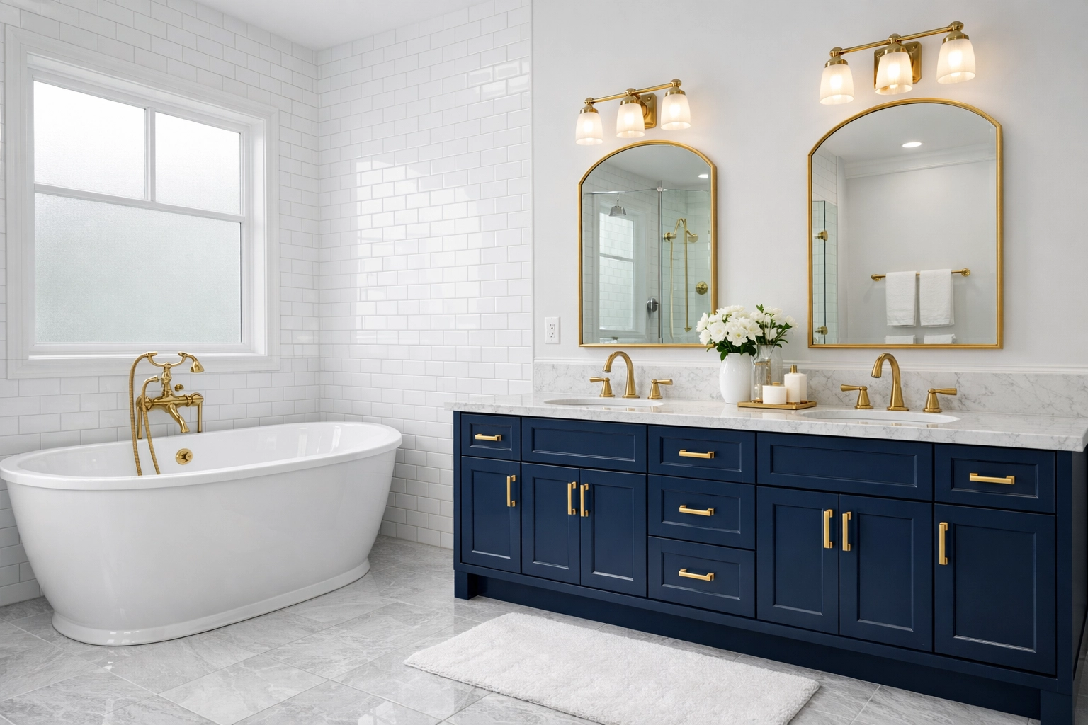 Streak-free luxury bathroom with white tiles, sanitized by professional cleaners in Stow, MA.