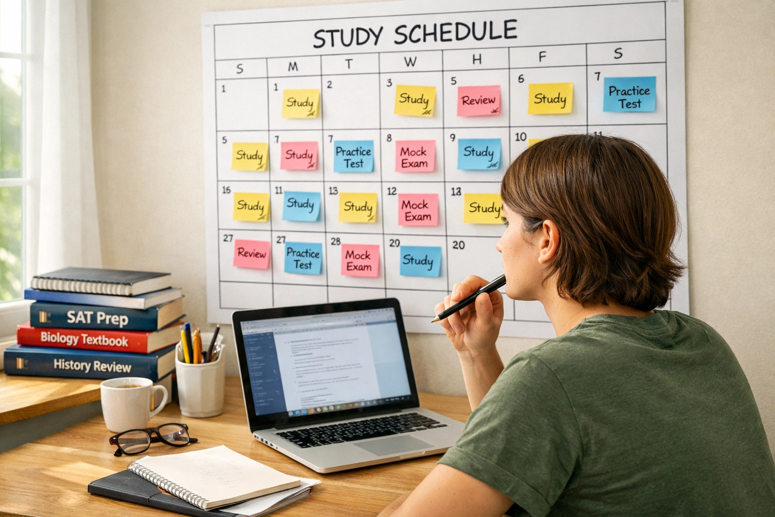 Student creating organized CLEP study schedule with calendar and practice test dates