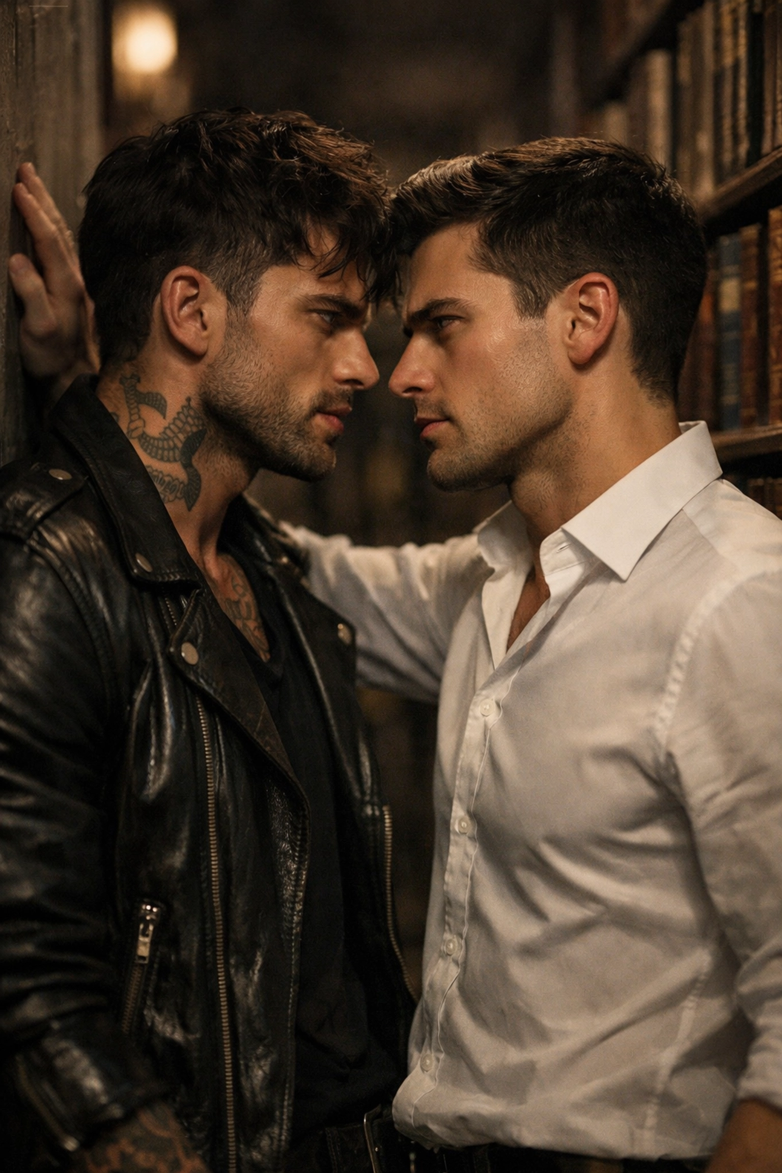 An intense enemies to lovers MM romance scene between two men in a moody, atmospheric library.