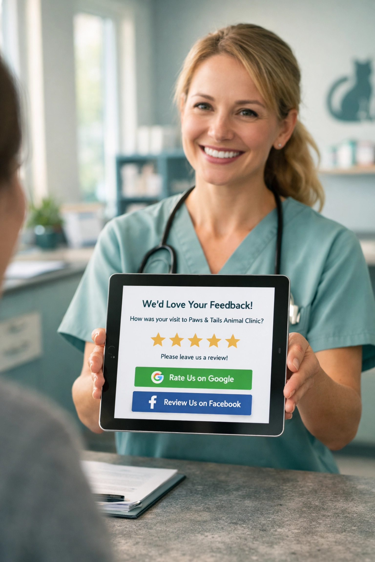 Vet clinic staff showing review request on tablet to pet owner at reception desk