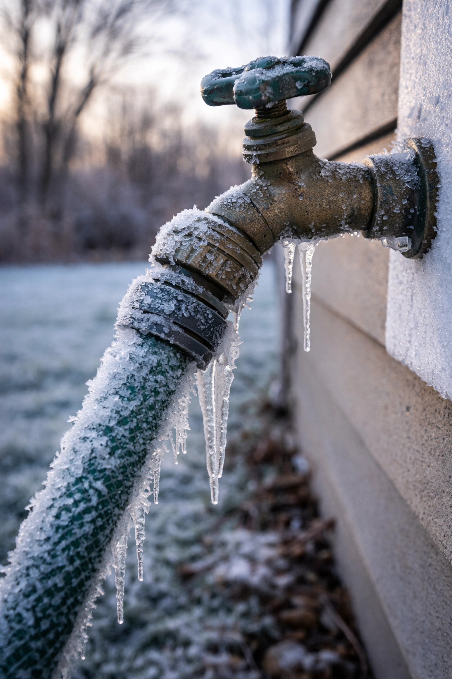 Frozen outdoor garden hose and faucet with ice crystals, showing a common winter plumbing mistake in Cleveland TN