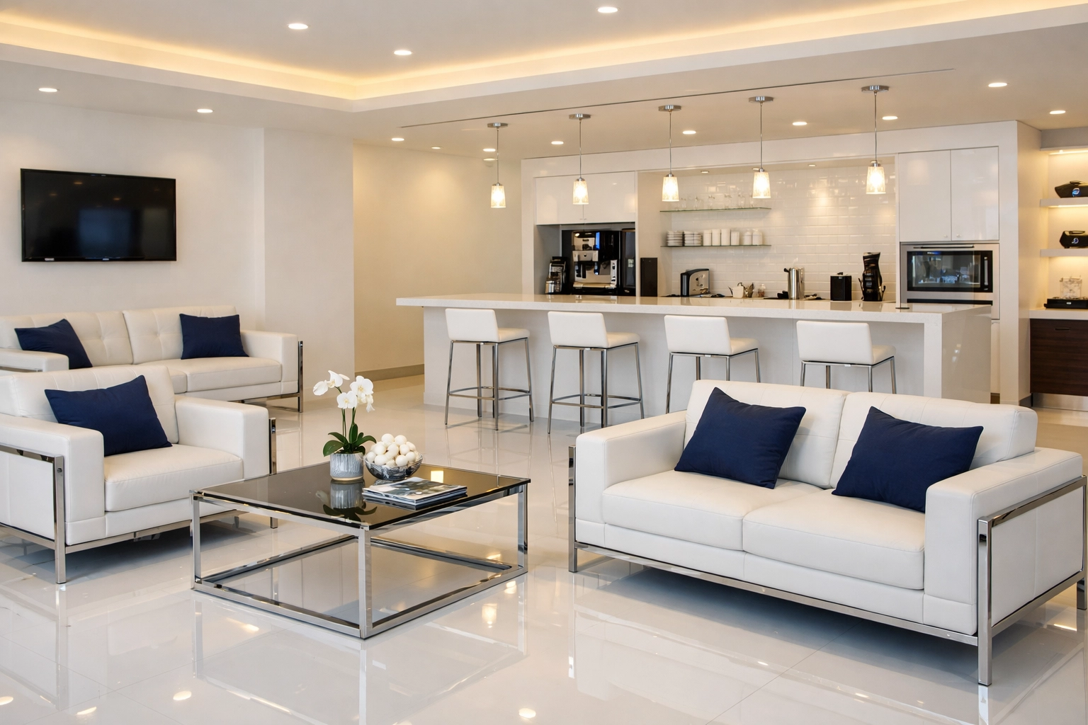 Spotless car dealership customer lounge with high-gloss floors and comfortable modern seating.