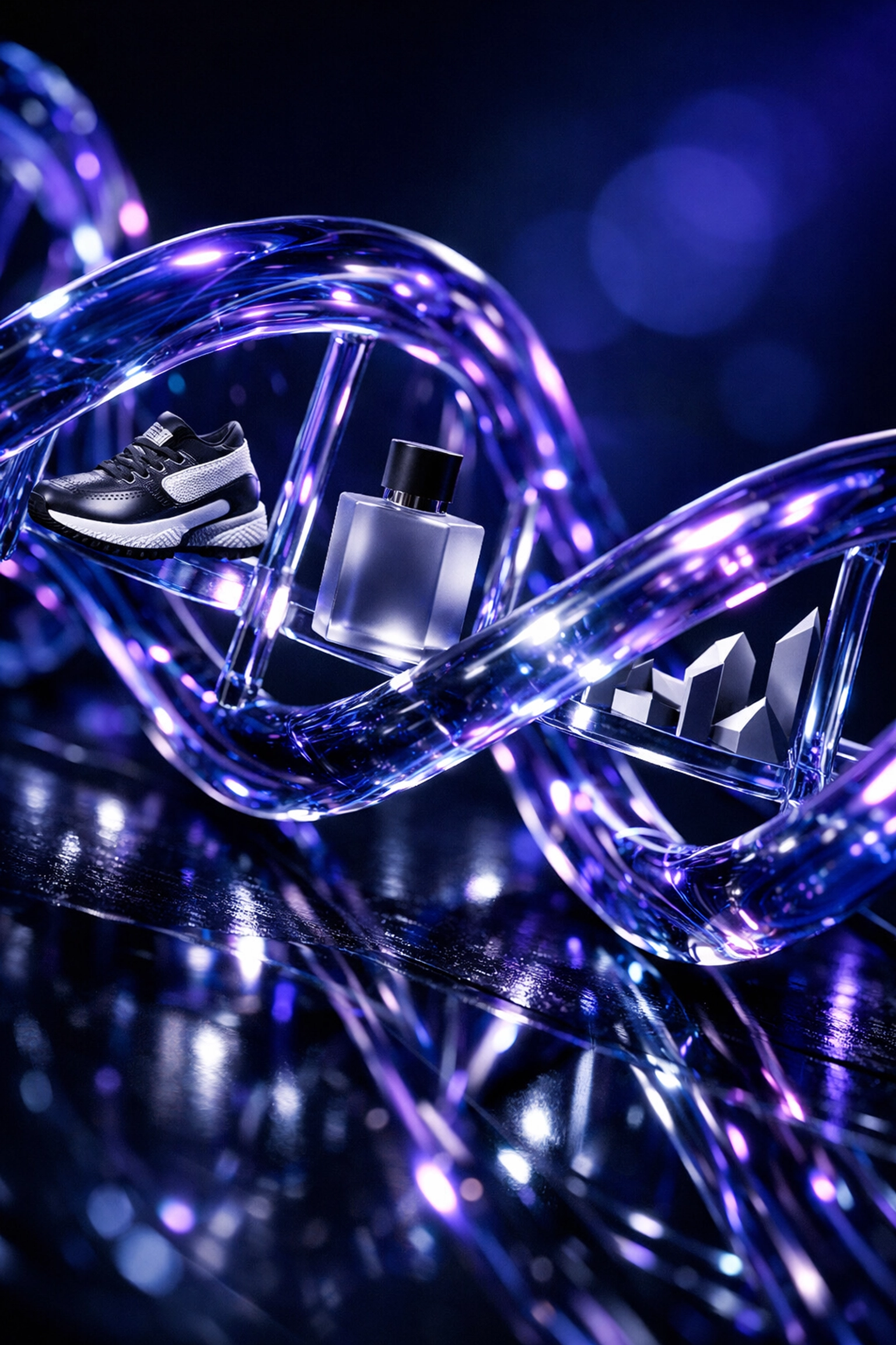 A visualization of a brand DNA helix containing various product designs for generative AI workflows.