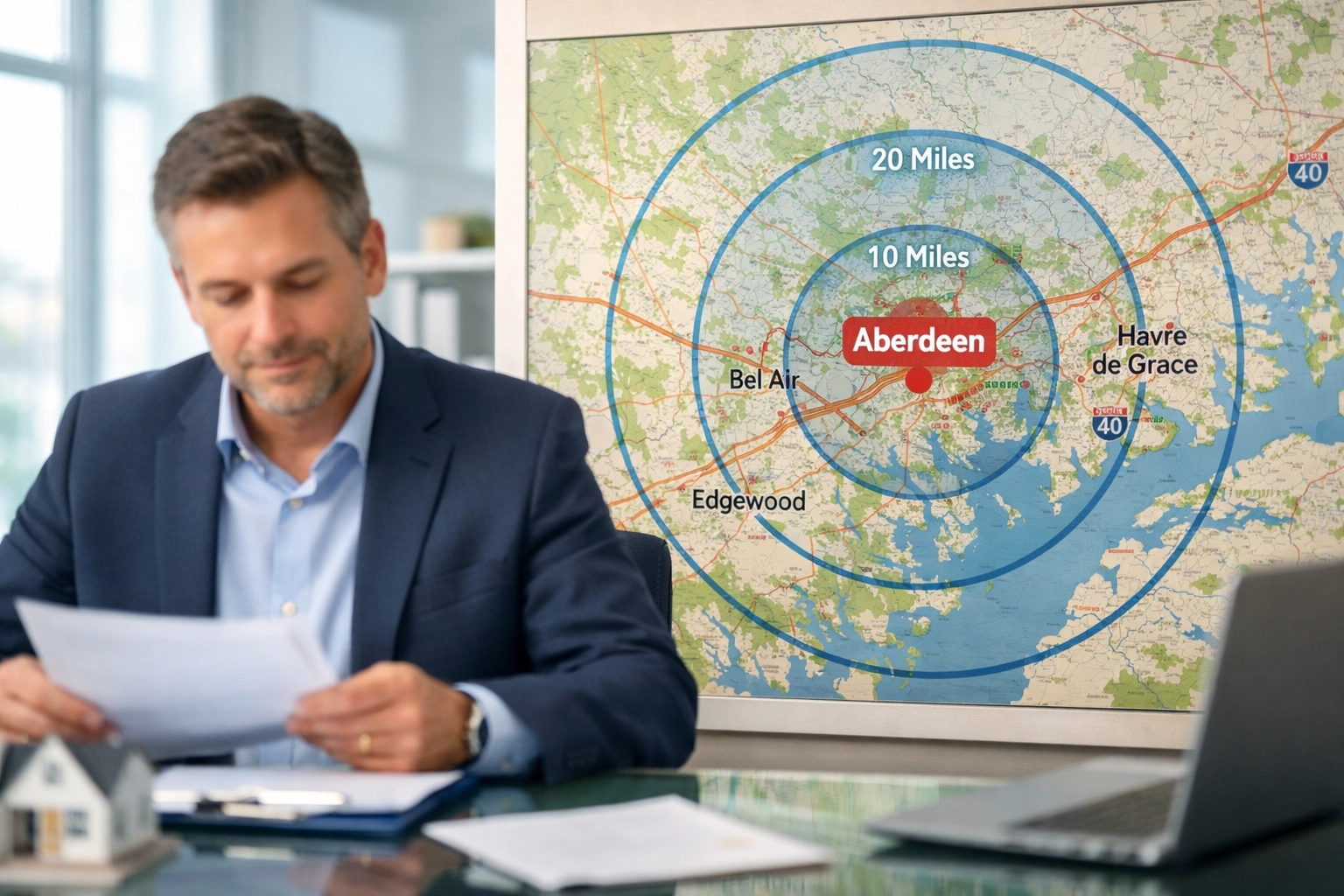 Maryland map centered on Aberdeen showing property management service radius and distance rules