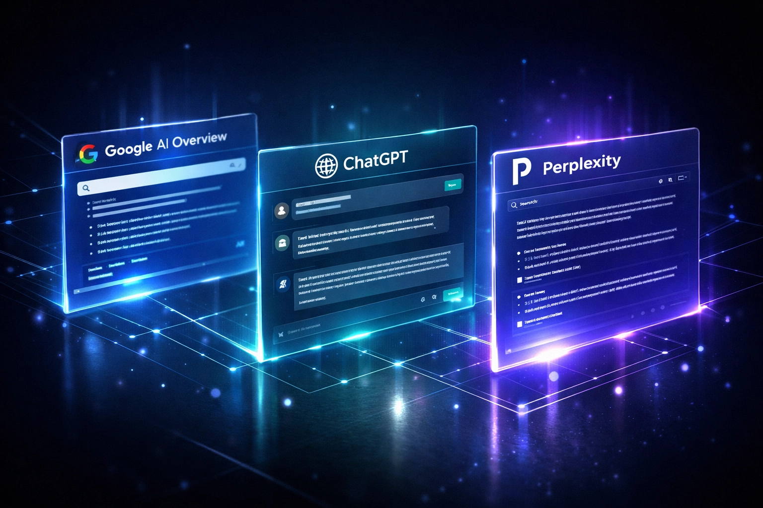 Multiple AI search platforms including Google AI Overview, ChatGPT, and Perplexity displayed for SEO visibility