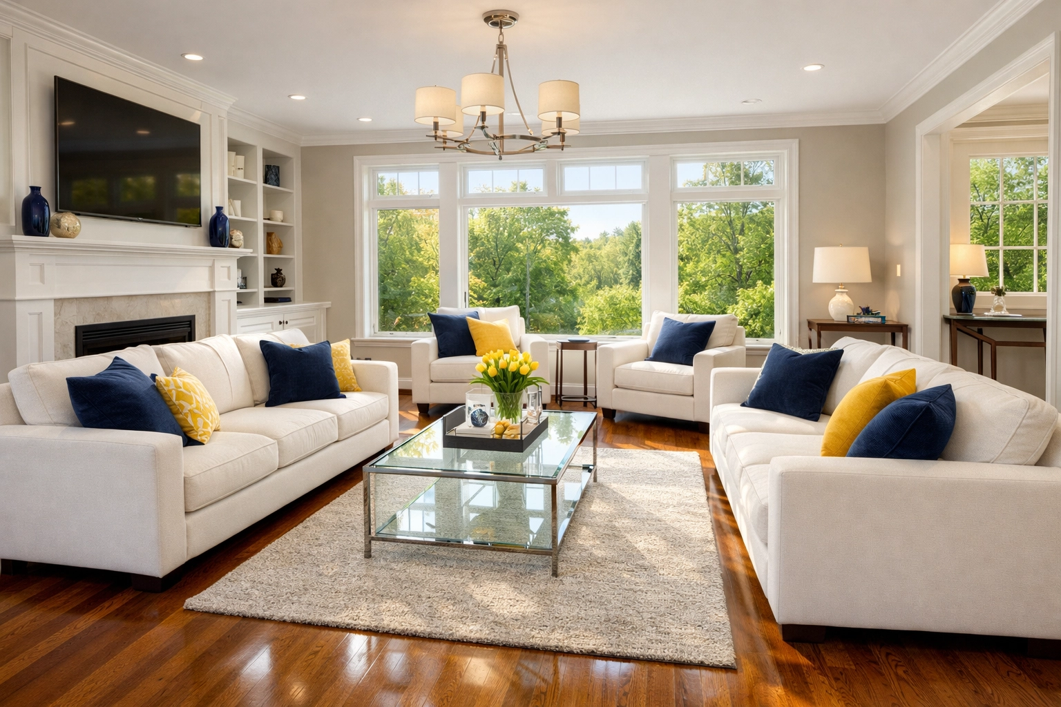 A clean, organized living room in a Westford home after professional residential cleaning in Massachusetts.