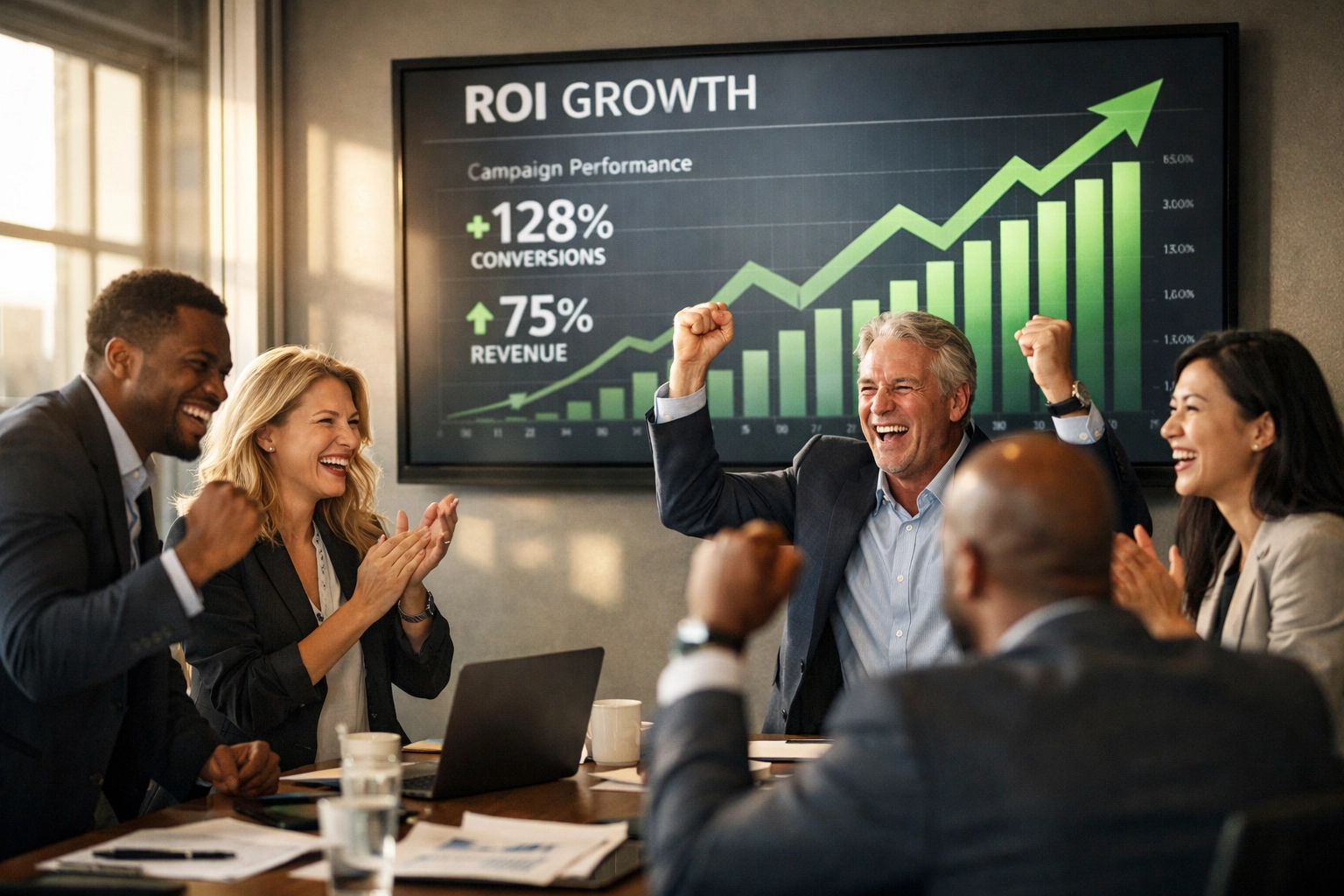 Marketing team celebrating successful advertising campaign with upward ROI metrics on display screen