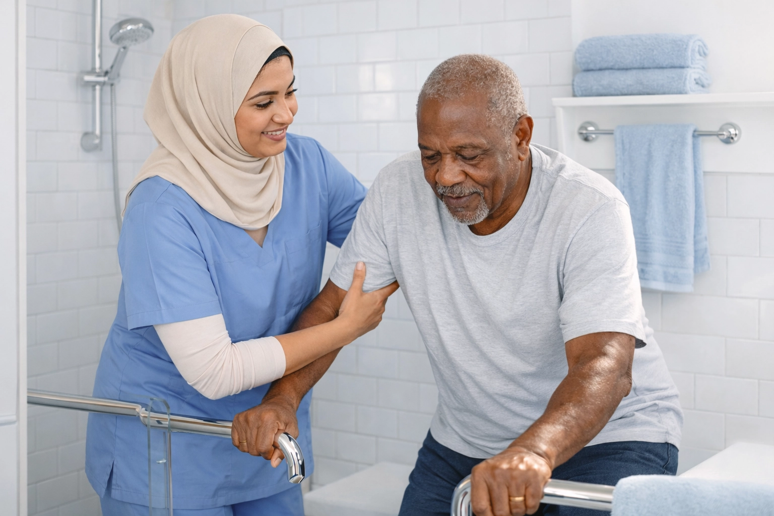 Trained respite caregiver assisting senior with safe mobility in home bathroom