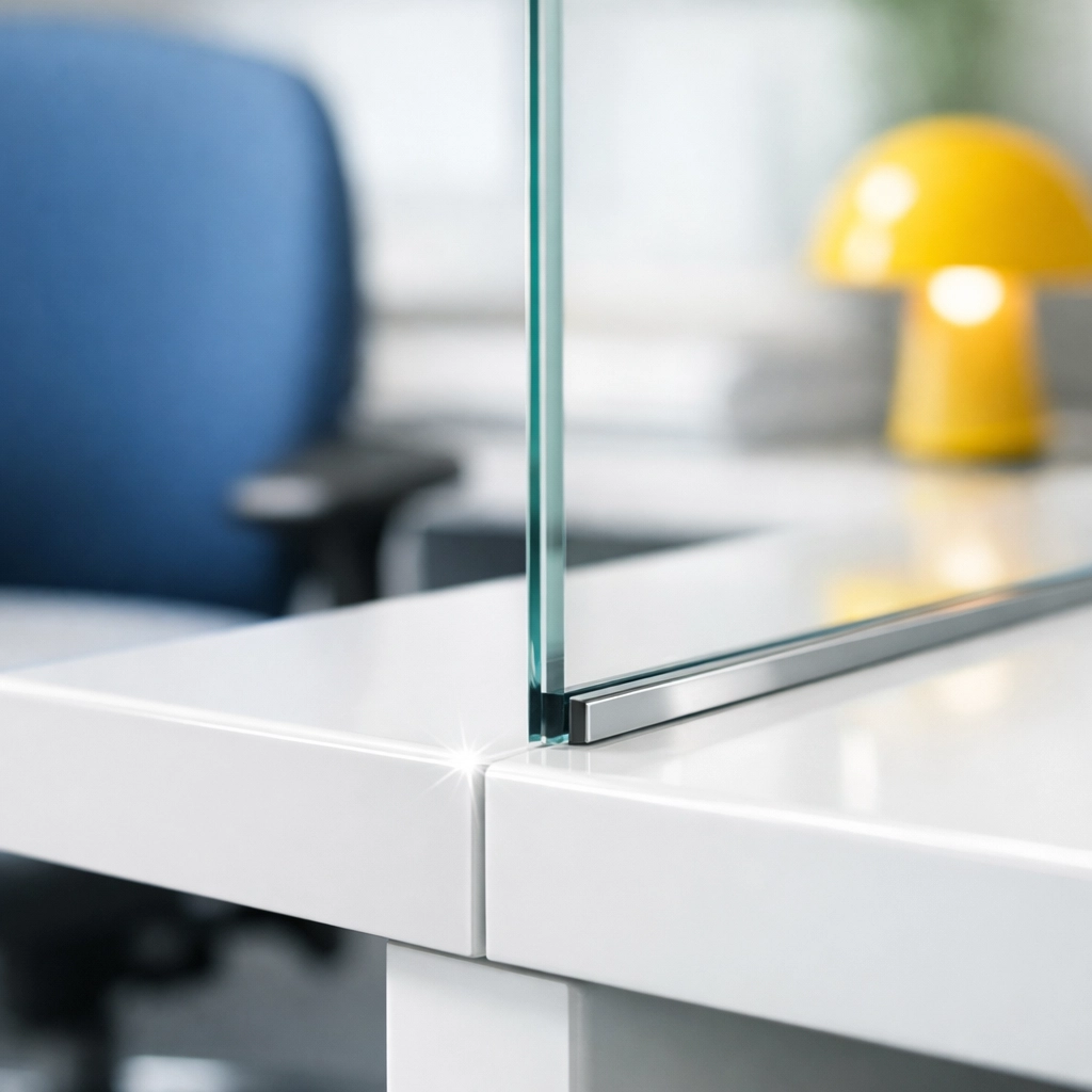 Dust-free white office desk and glass partition showcasing detailed North Andover commercial cleaning.