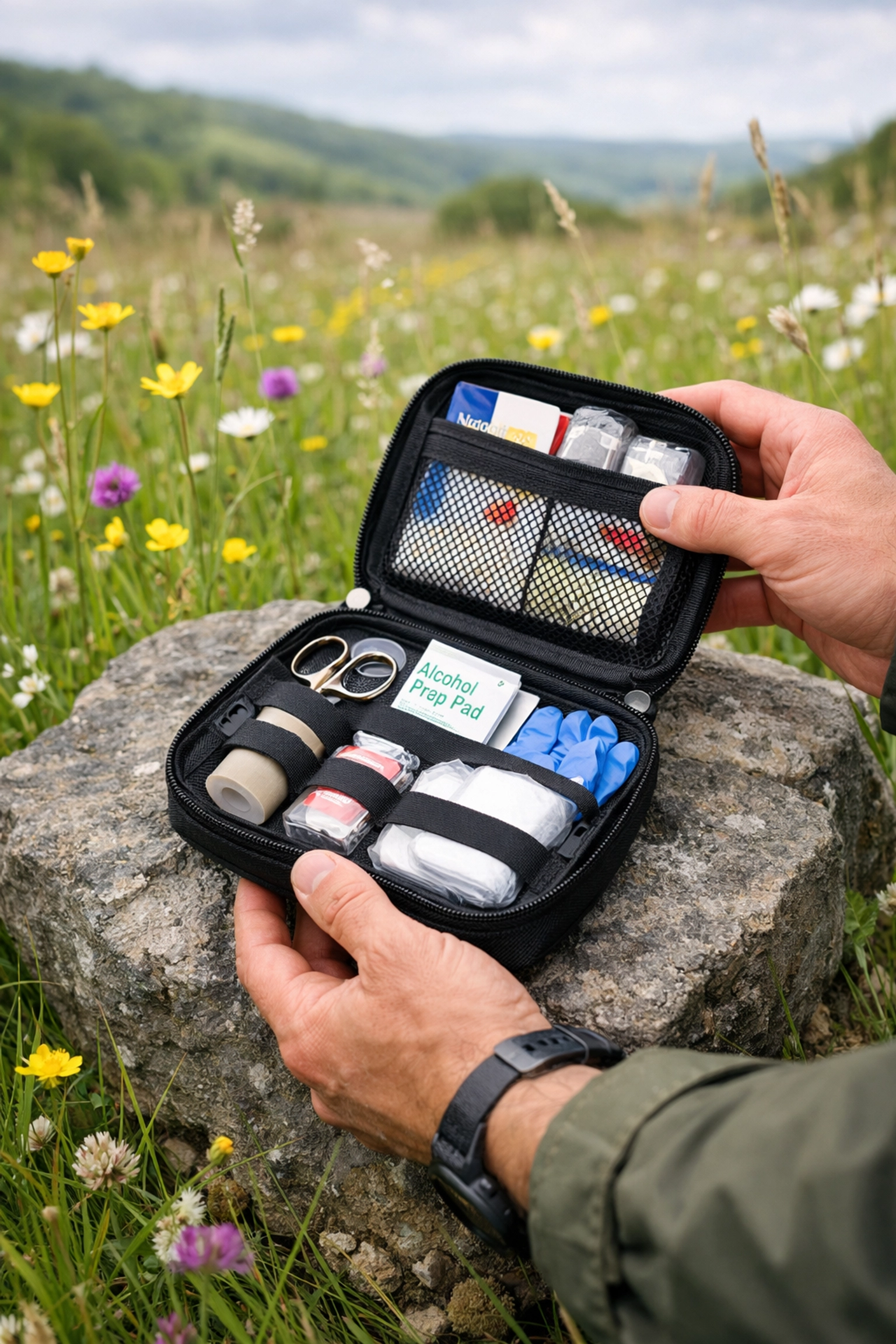 A compact first aid kit placed on a rock, essential for safety during a camping adventure UK.