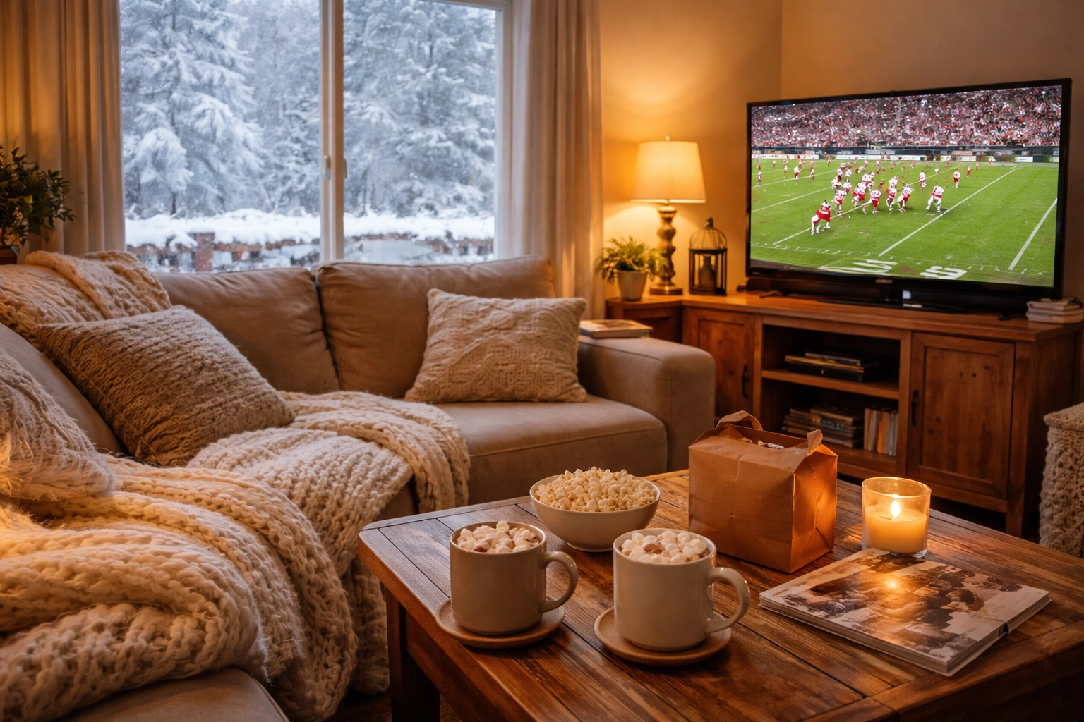 Cozy South Jersey living room during a snowstorm with hot chocolate and football game on TV