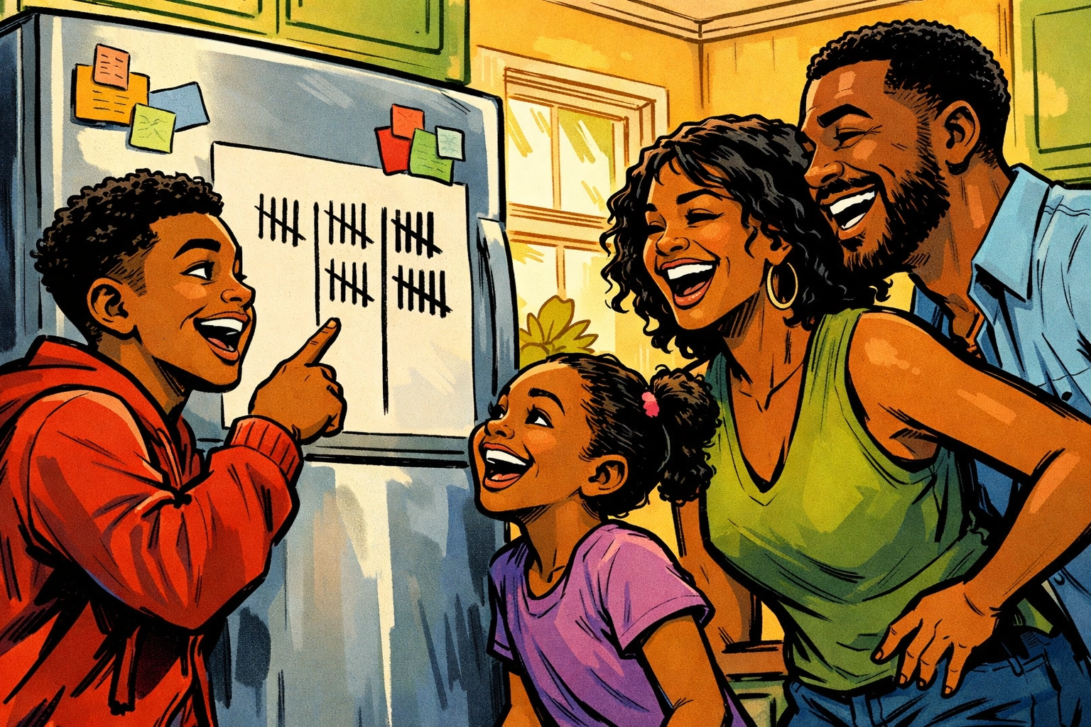 Family tracking vocabulary word usage on kitchen fridge during daily learning challenge