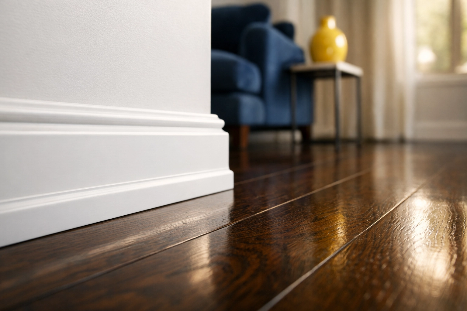 Spotless white baseboards and polished oak floors after a professional deep cleaning in Needham MA.