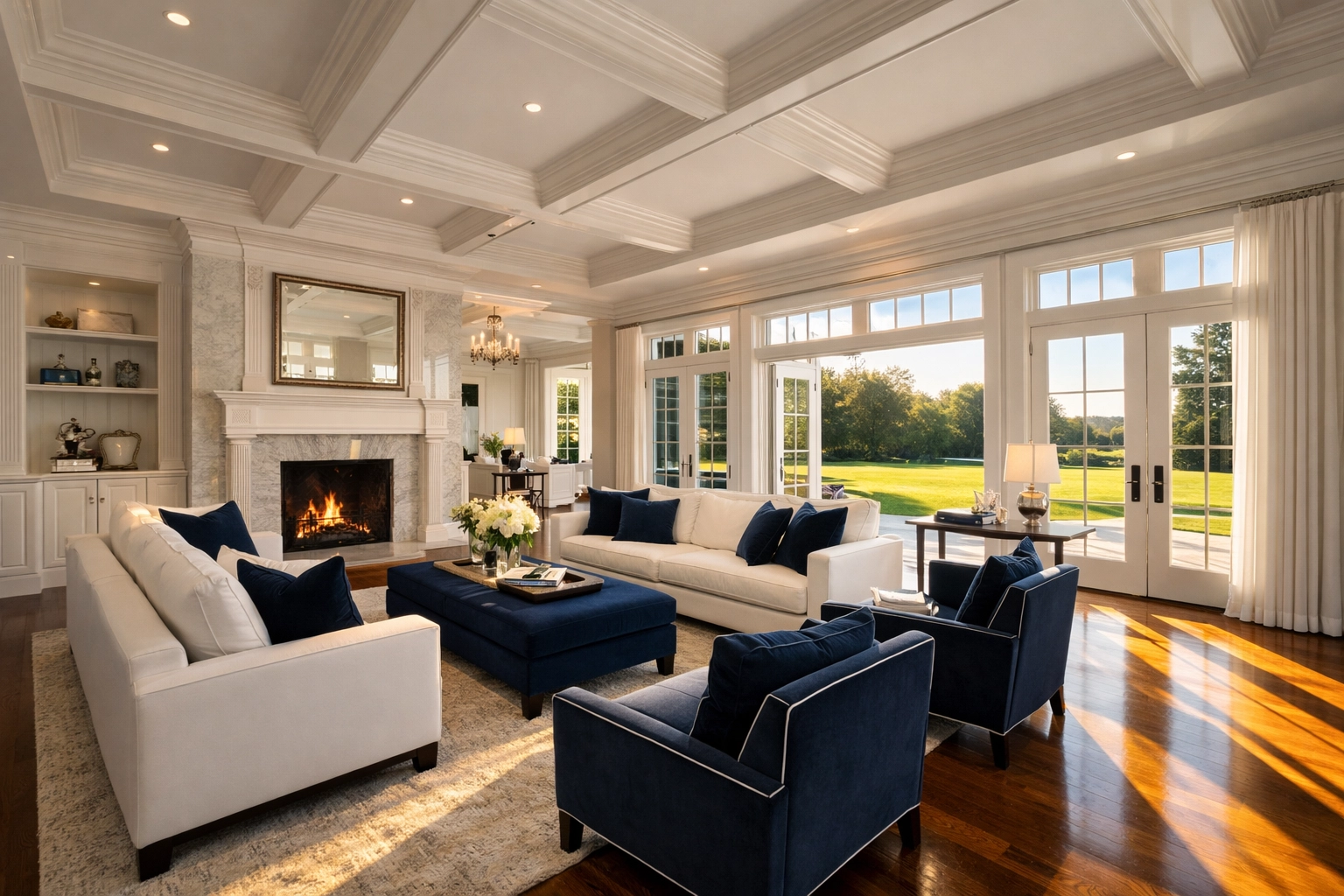 Spotless luxury living room in a Weston MA home after a weekly house cleaning service.