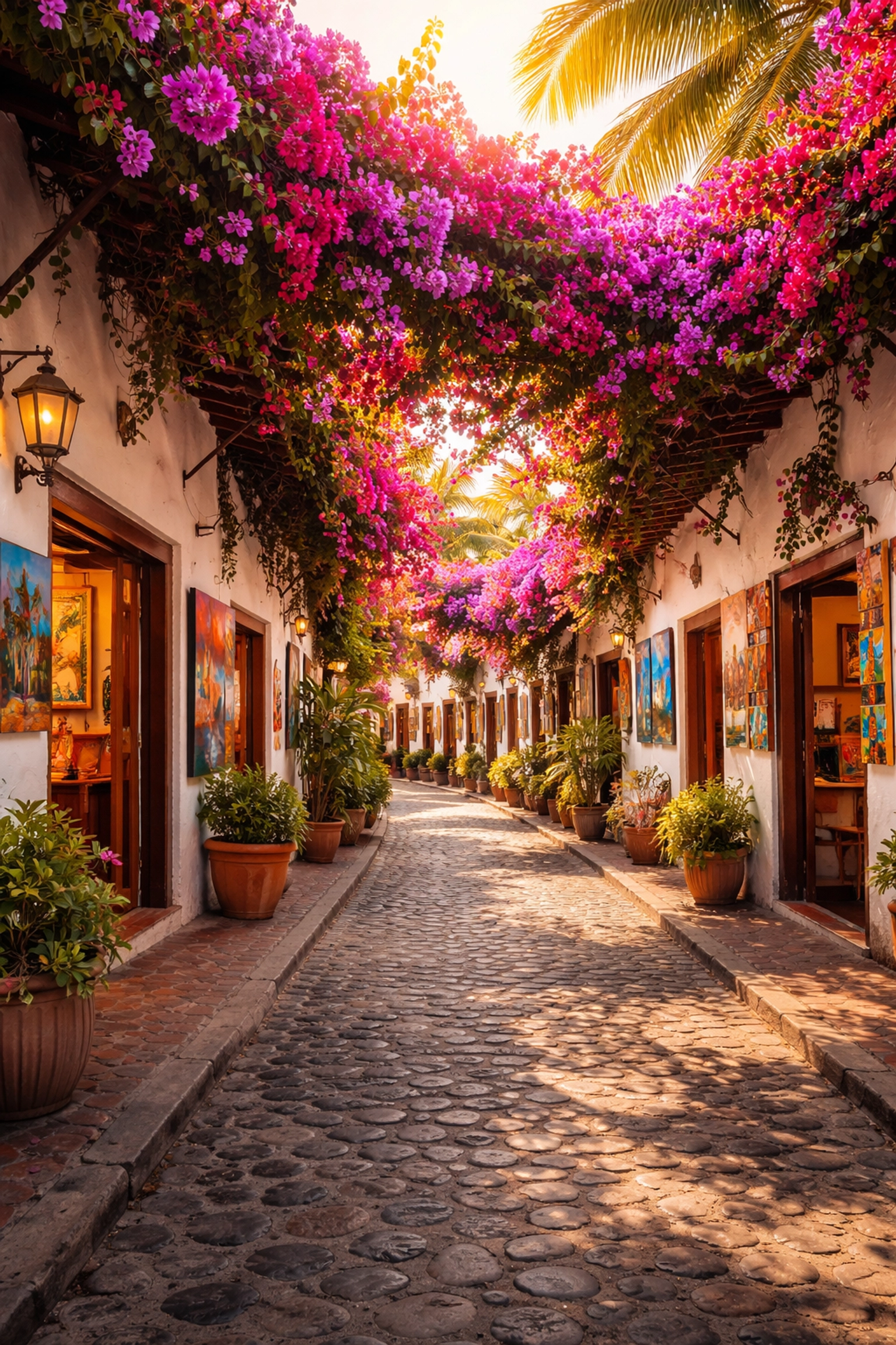 Charming cobblestone street in Puerto Vallarta Romantic Zone with bougainvillea and local art galleries