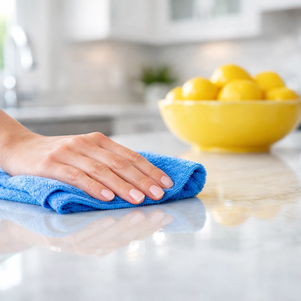 Professional deep cleaning service in Westford wiping a white marble kitchen countertop to a streak-free shine.
