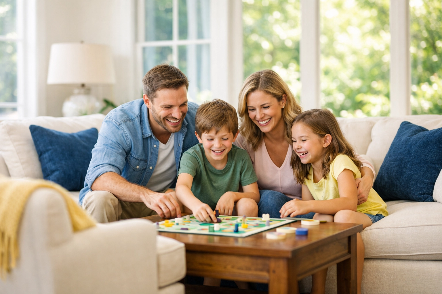 A Westborough family enjoys quality time in a clean living room after a weekly house cleaning service.