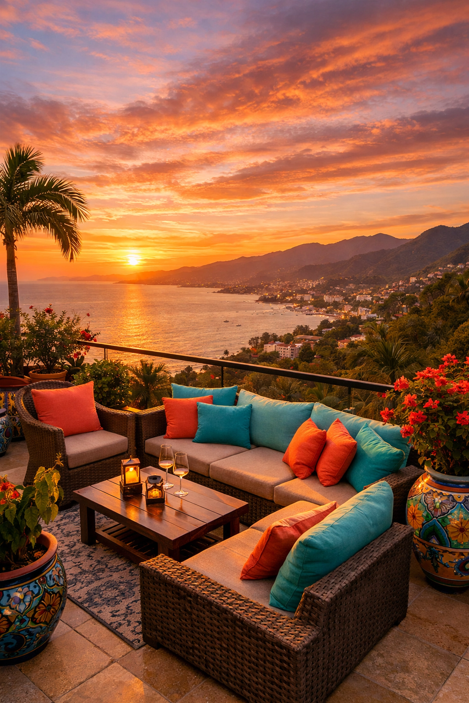 Amapas condo terrace with ocean views and sunset over Puerto Vallarta's Pacific coastline