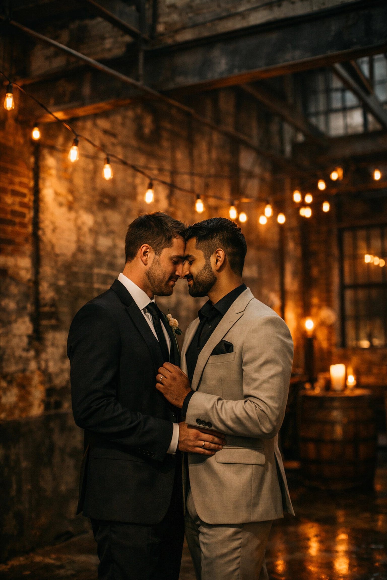 Two grooms sharing intimate moment in industrial Berlin warehouse wedding venue with brick walls