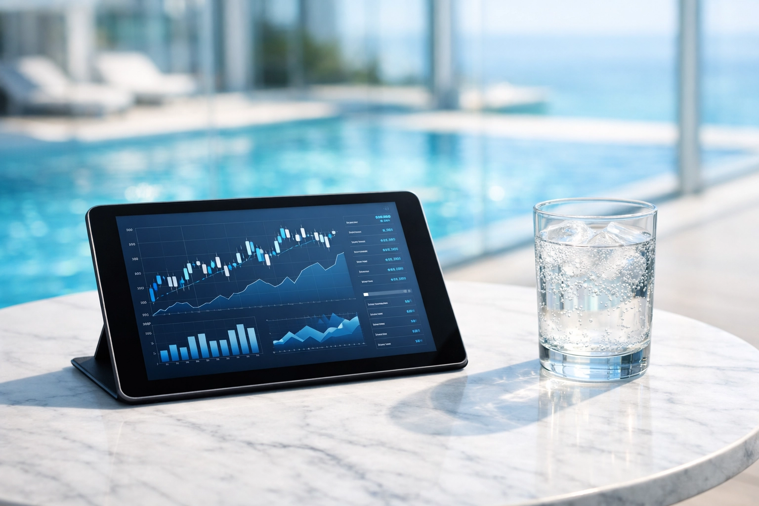 Modern tablet displaying pool route valuation metrics near a sunlit luxury swimming pool.