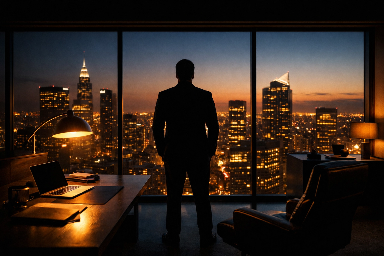 Executive maintaining visionary oversight and continuous evaluation of commercial risks from a modern office.