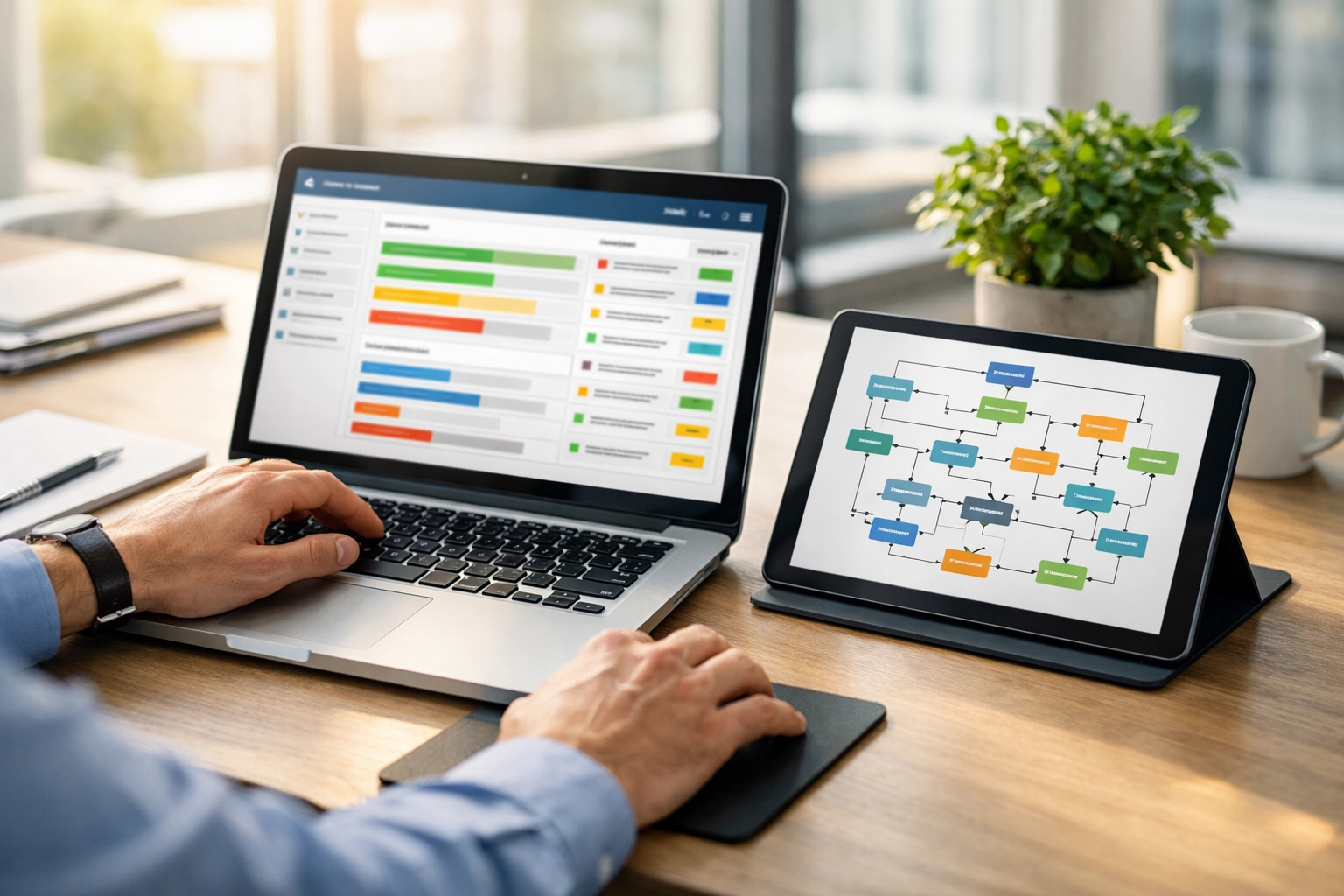 Automated project management workflow using the ServiceNow Xanadu Asana Spoke on a laptop.