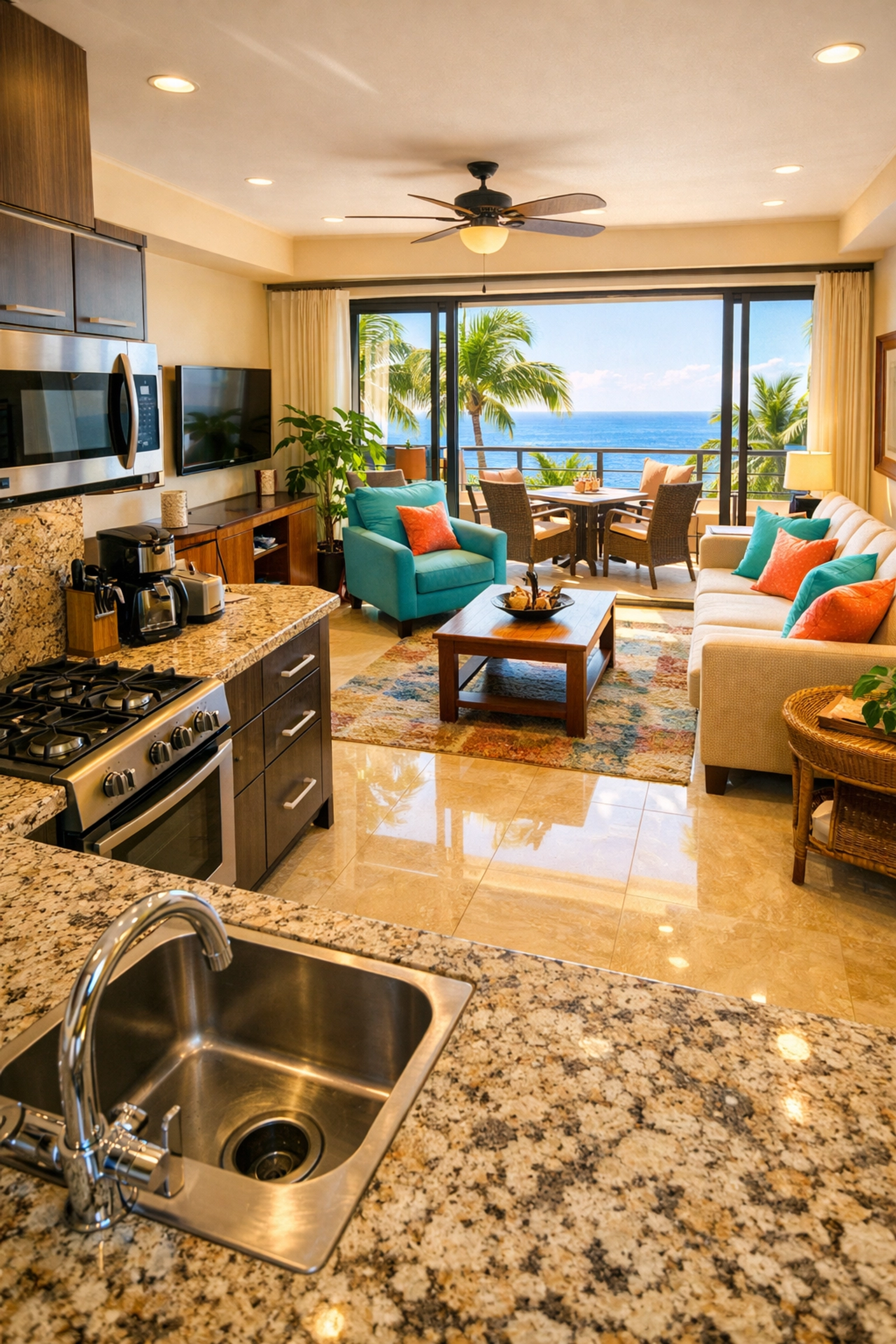 Modern Puerto Vallarta condo rental with fully-equipped kitchen and ocean-view balcony