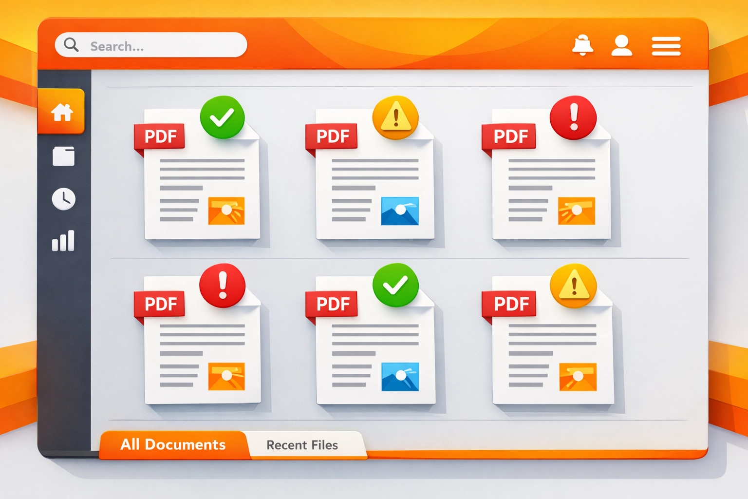 Preflight dashboard showing PDF documents with quality check status indicators