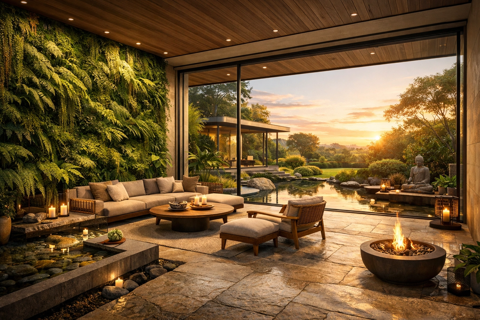 Eco-friendly indoor garden and stone floors maintained through a sustainable cleaning schedule.