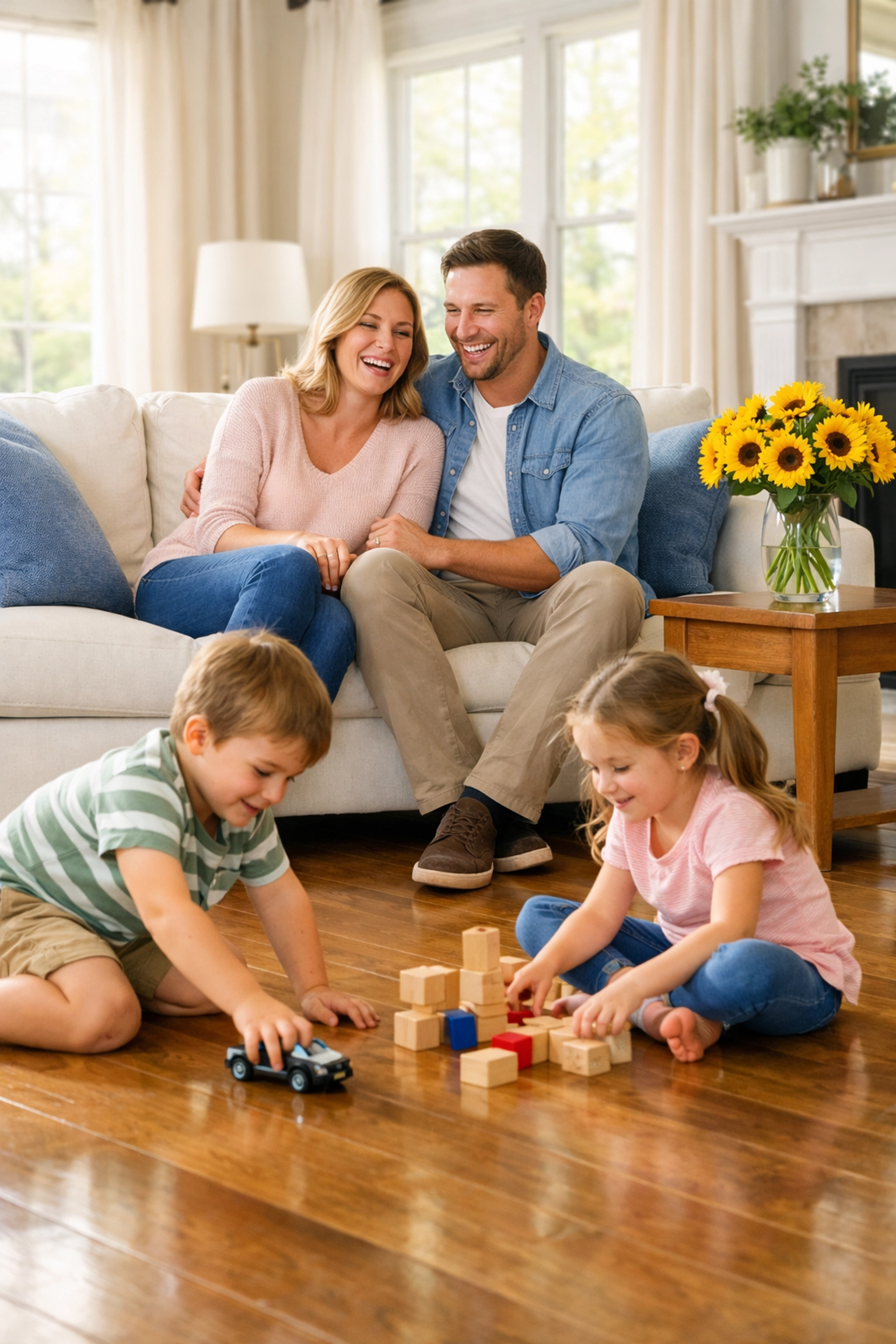 A happy family relaxing in their clean Littleton home after bi-weekly house cleaning services.