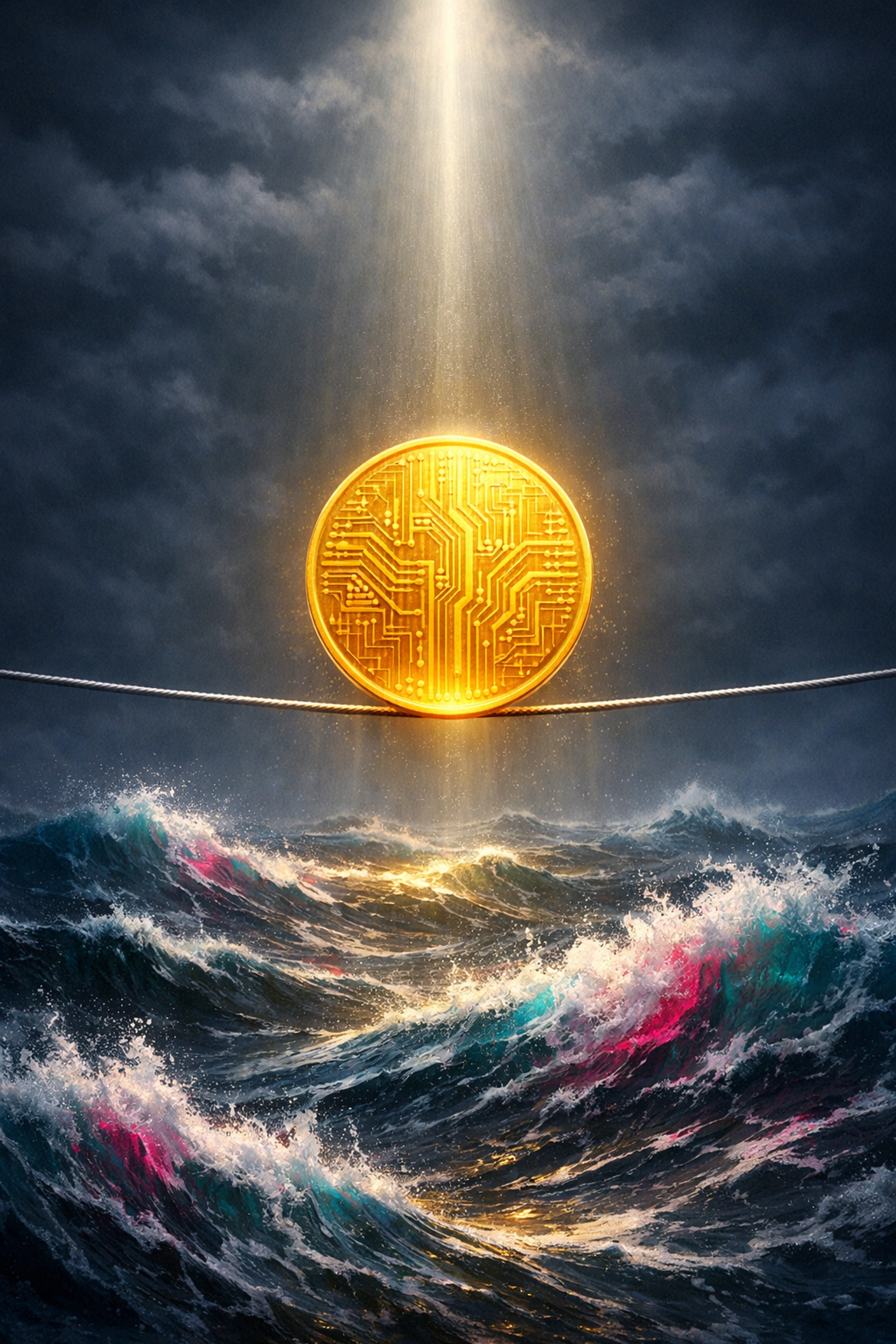 A stable coin balanced over a stormy sea, illustrating LUSD stablecoin benefits for global business.