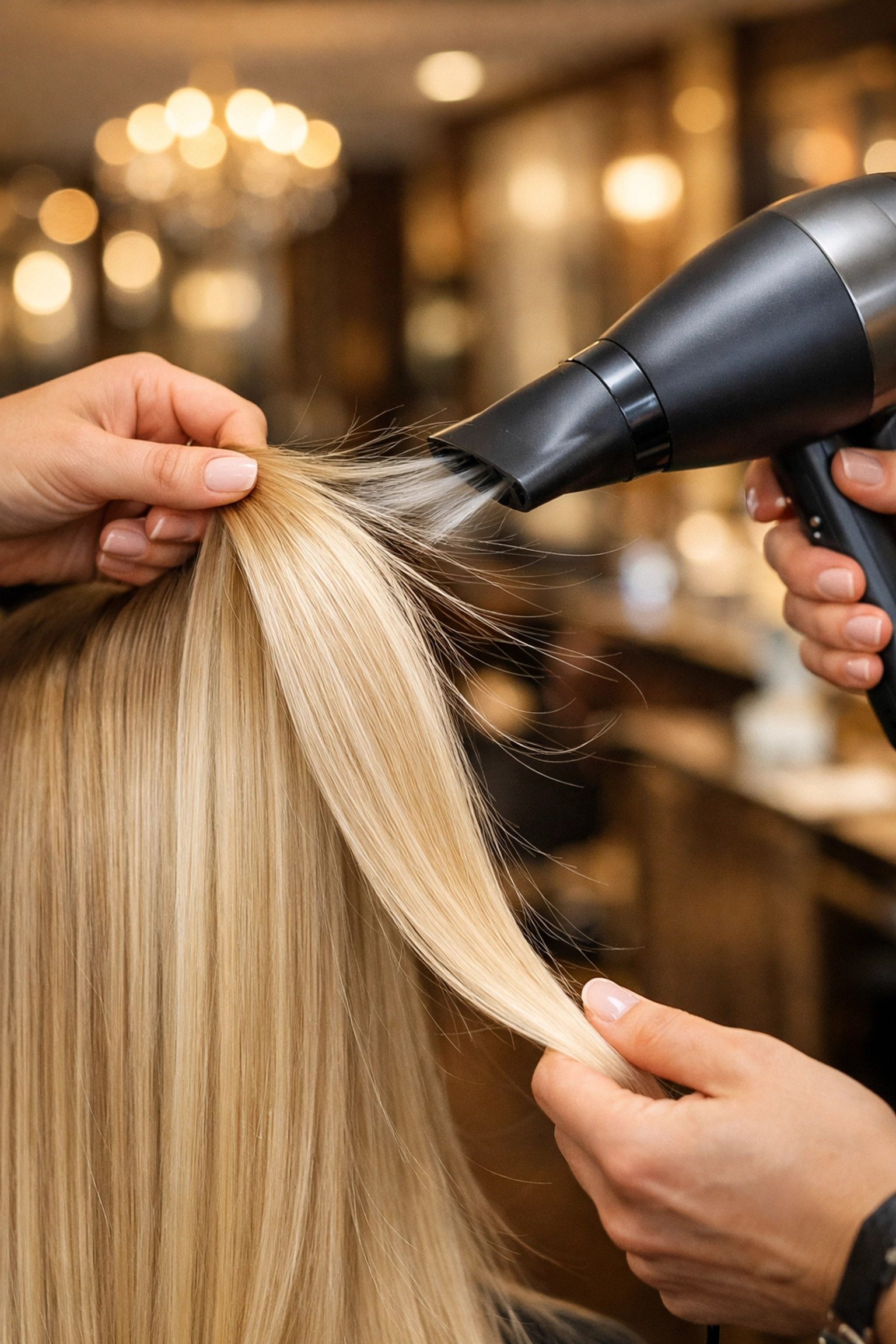 Präzise Airtouch-Technik für nahtlose blonde Highlights bei deinem Profi-Friseur in Wien.