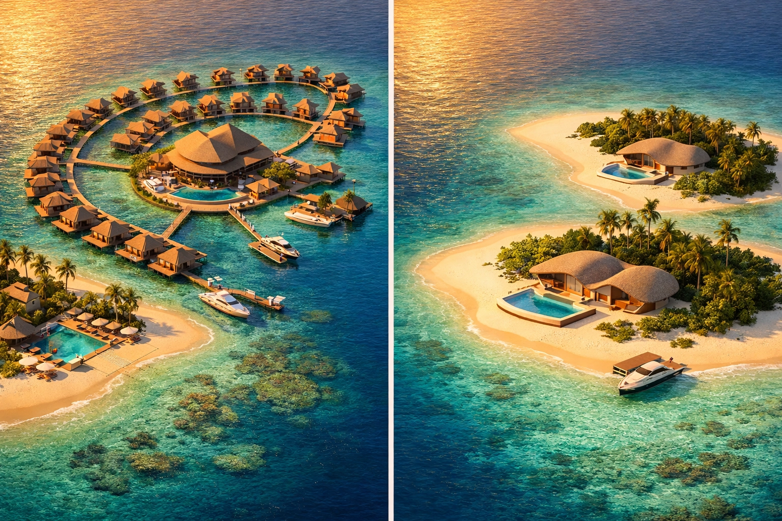 Comparison of traditional luxury Maldives resorts and new exclusive low-density private island villa designs.