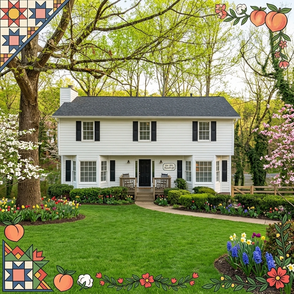 A charming farmhouse-style home in Marietta, Georgia, with seasonal spring flowers and hand-drawn frame accents.