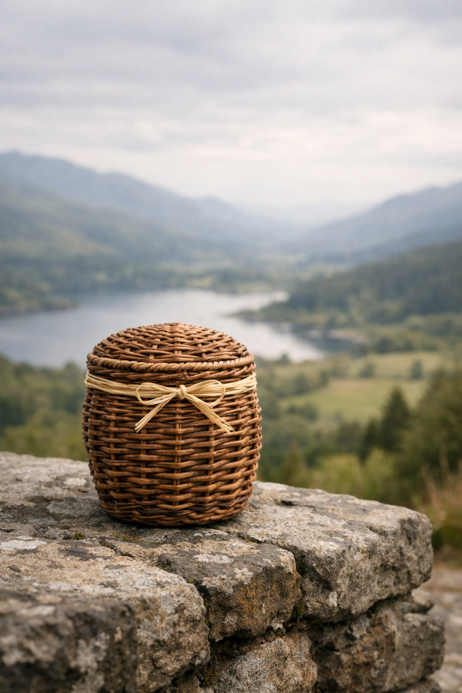 A biodegradable willow urn on a stone ledge overlooking a peaceful valley for a scattering ashes ceremony.