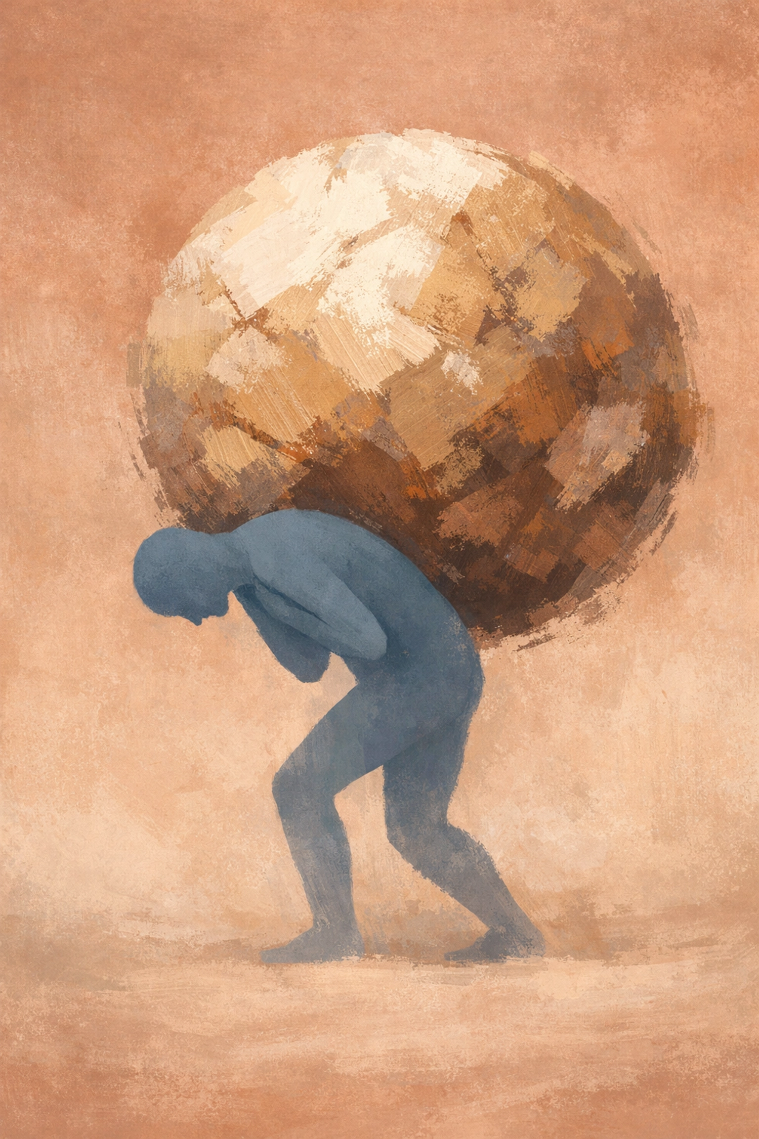 Art of a person carrying heavy weight, symbolizing the hero complex and burnout managed through holistic psychiatry.