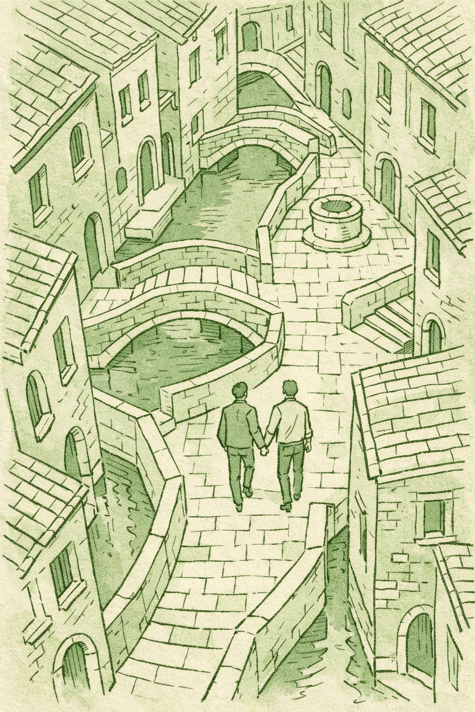 MM couple walking hand-in-hand through labyrinthine Venice streets and bridges