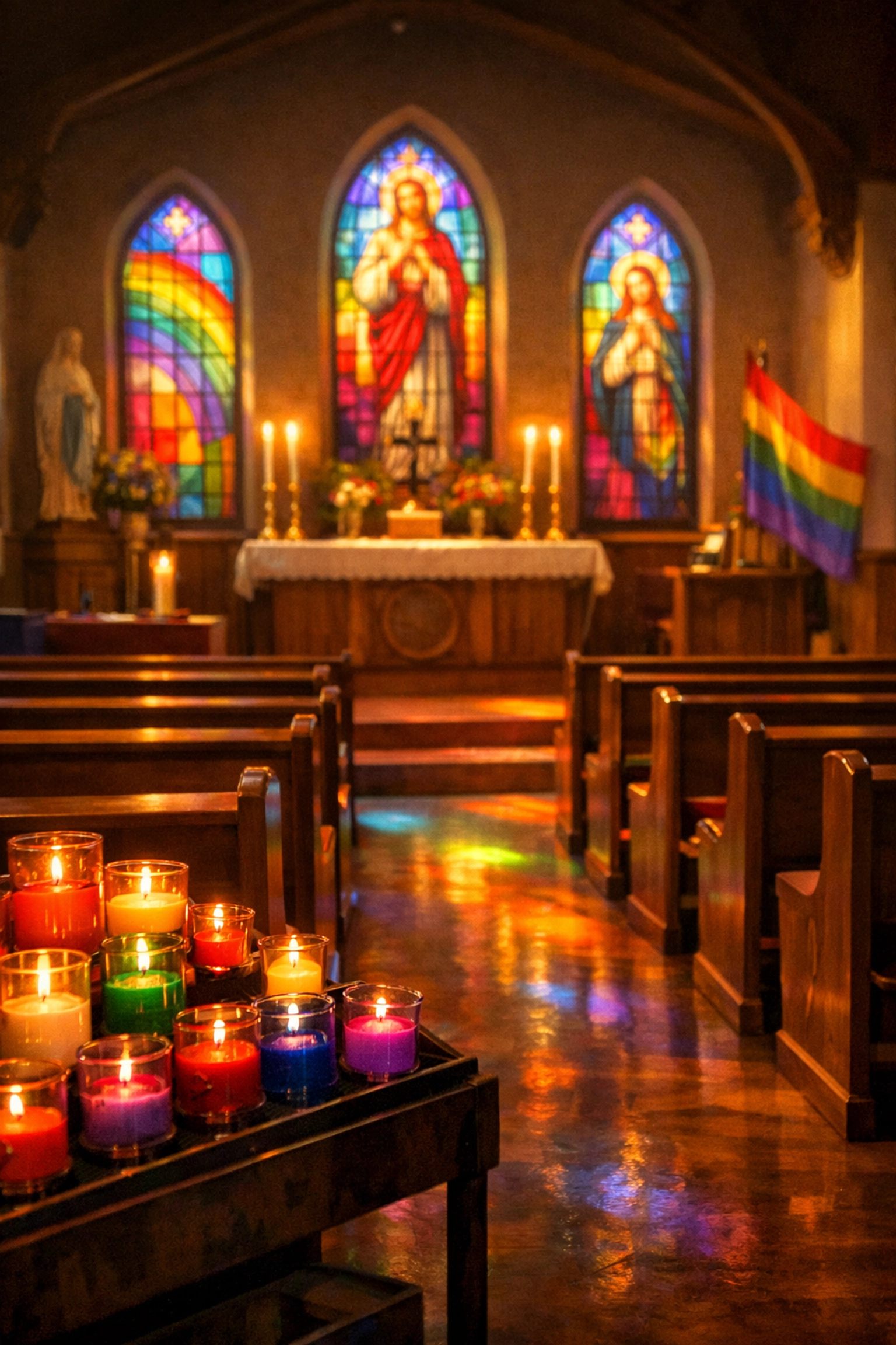Traditional Irish Catholic church interior with stained glass windows and pews