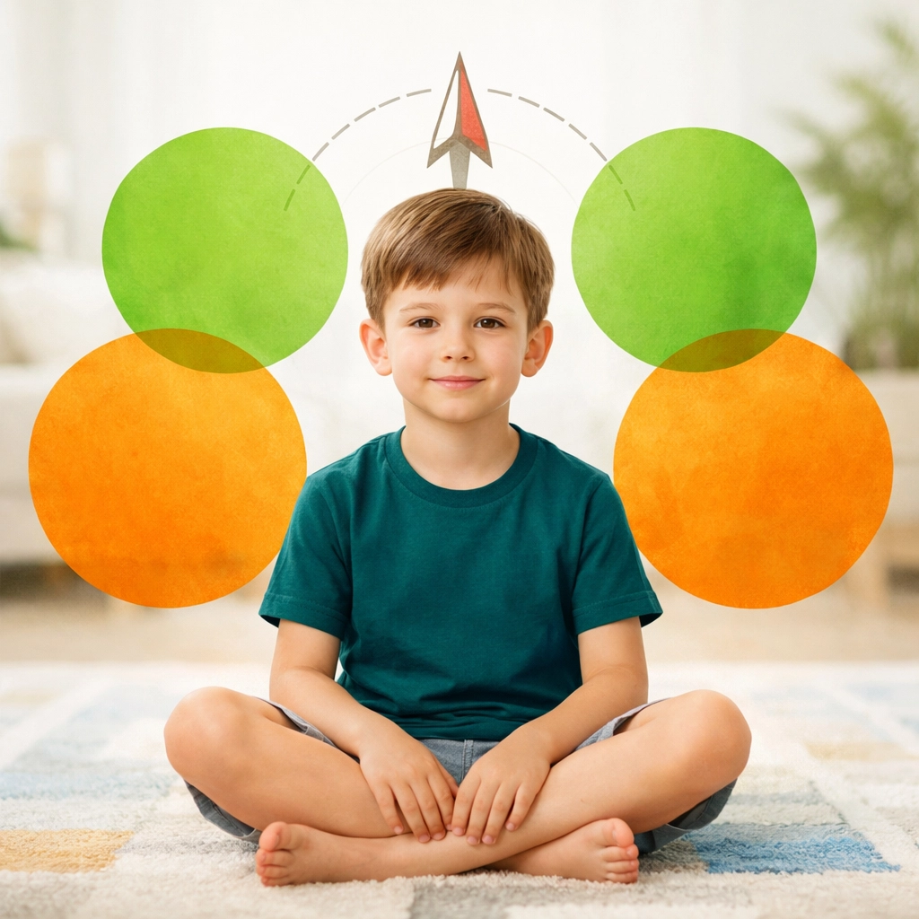 A calm boy sitting on a rug, representing children developing emotional intelligence through life skills.
