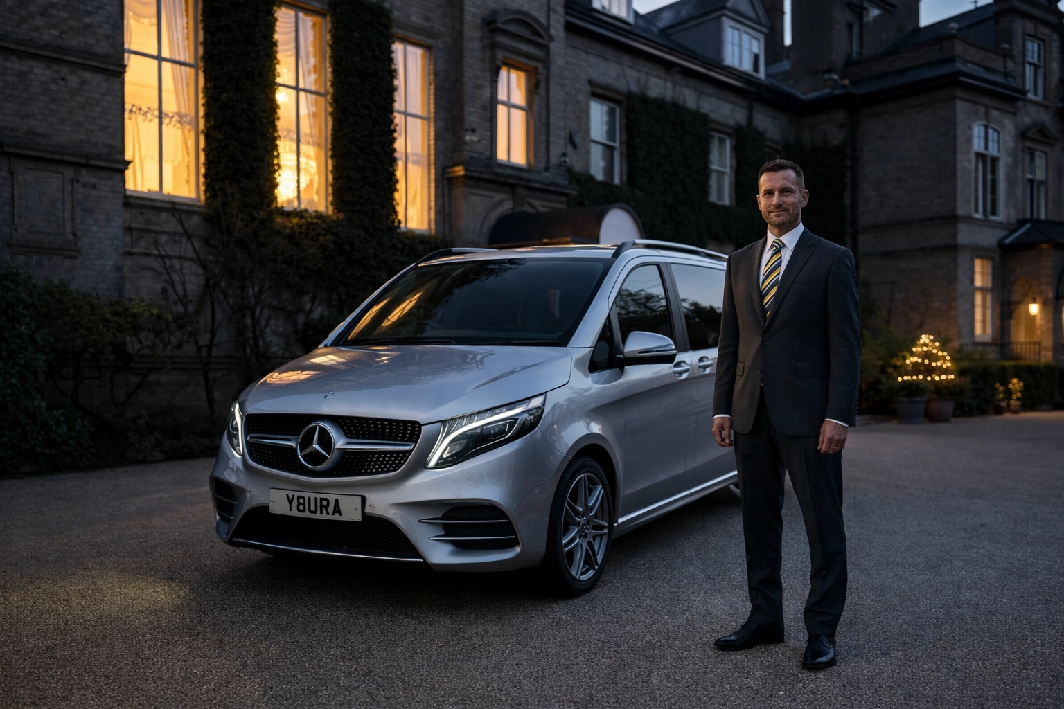 A Mercedes-Benz executive van from Aura Journeys is parked outside an elegant, illuminated manor, prepared for luxury chauffeur service.