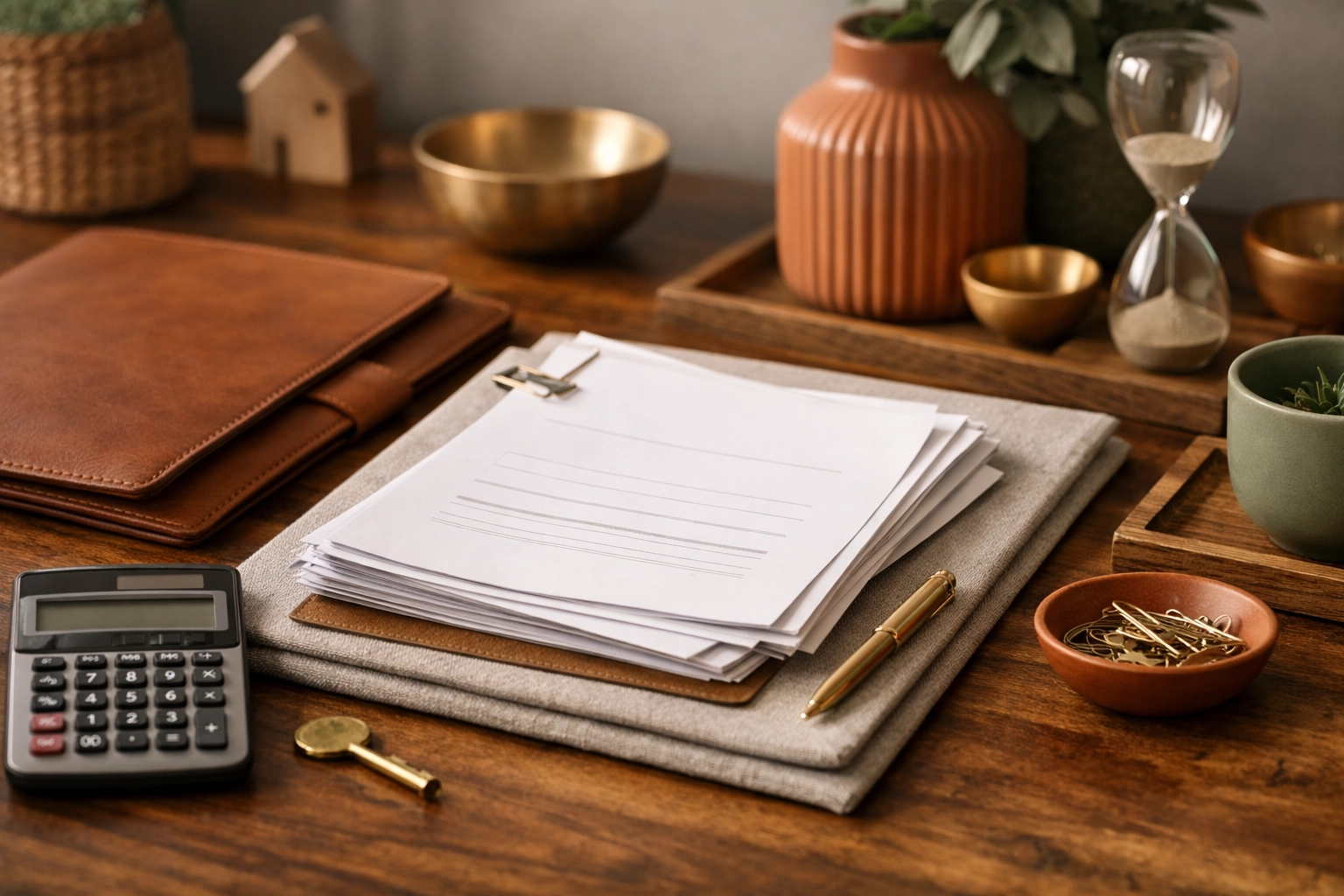 Warm modern desk with divorce financial documents, calculator, and terracotta and sage accents.
