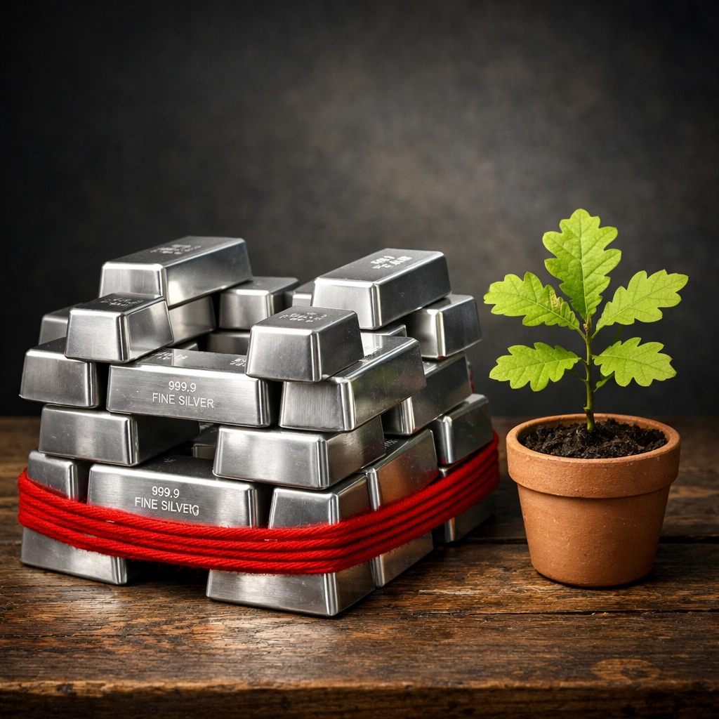 Silver bullion bars and a growing sapling, symbolizing a financial fortress and protected wealth growth.