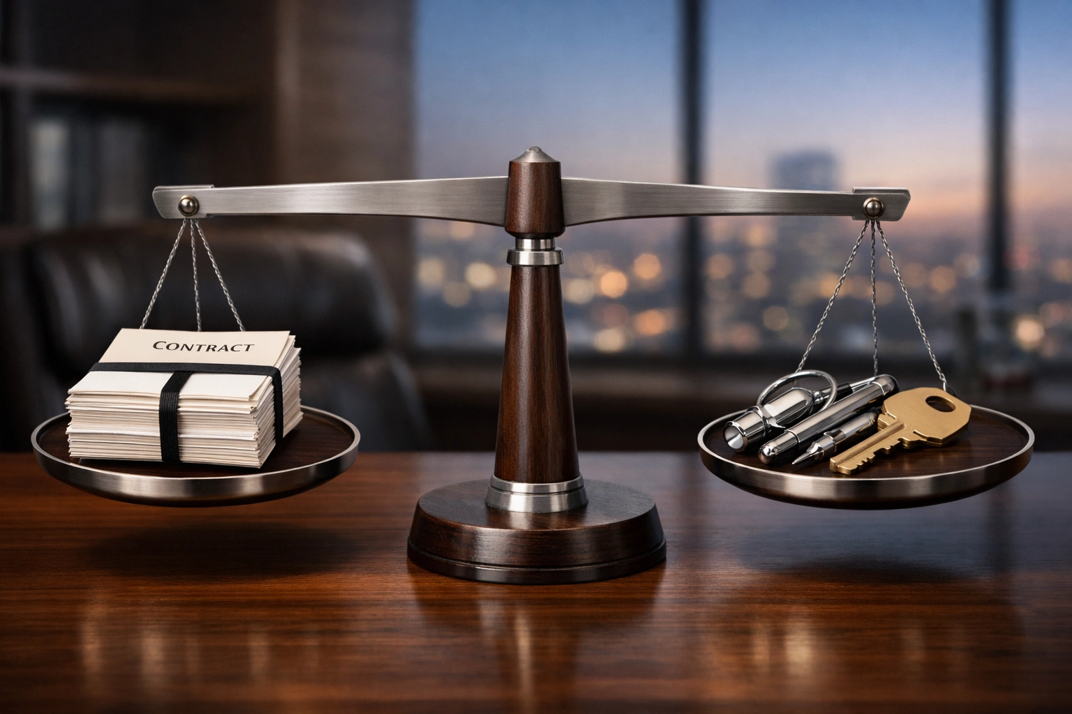 Balanced scales weighing management contracts and maintenance tools to show stable business valuation.