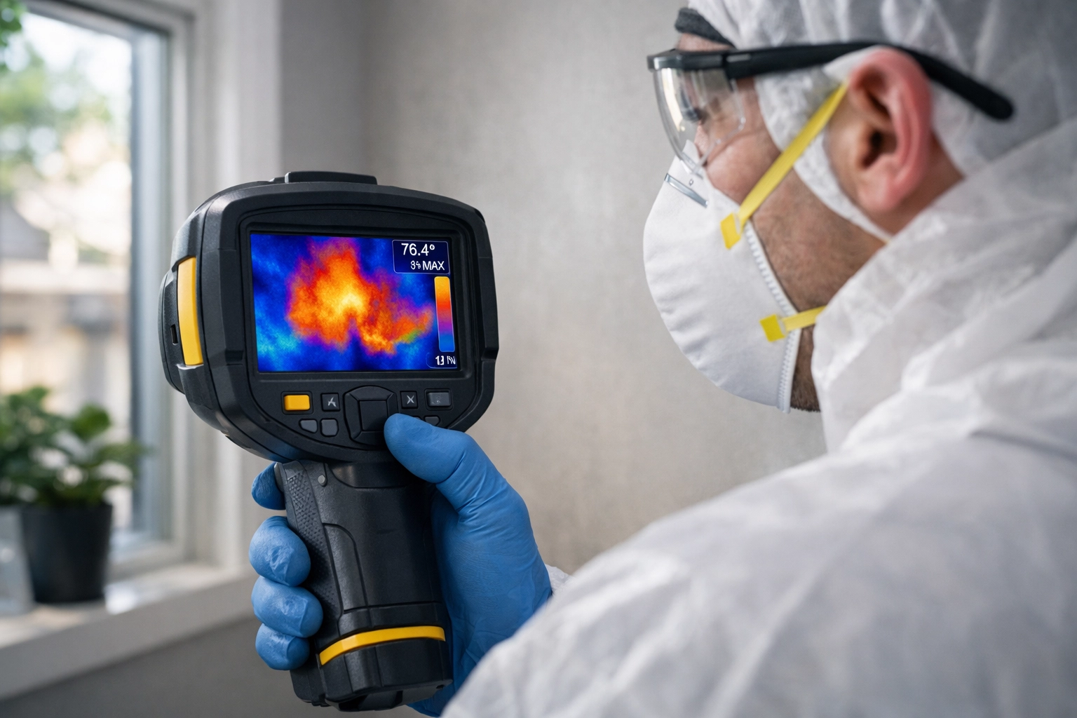 Professional mold inspector using thermal imaging to detect hidden moisture in Montgomery County home