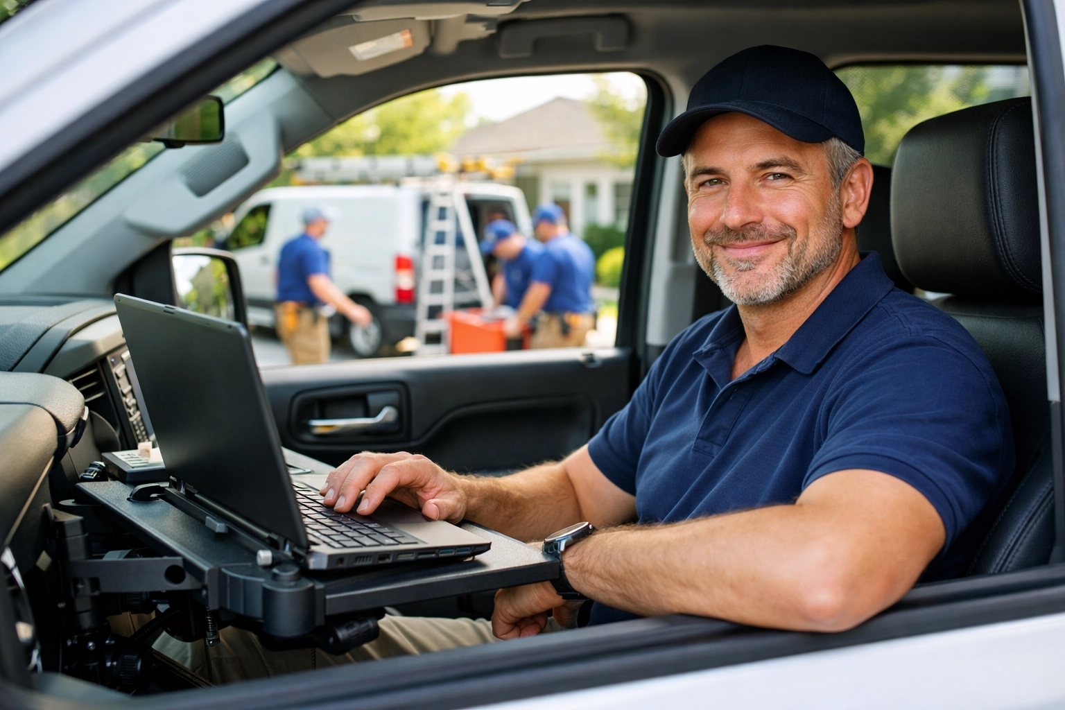 Trade business owner managing operations from a truck laptop while his crew works in the background.
