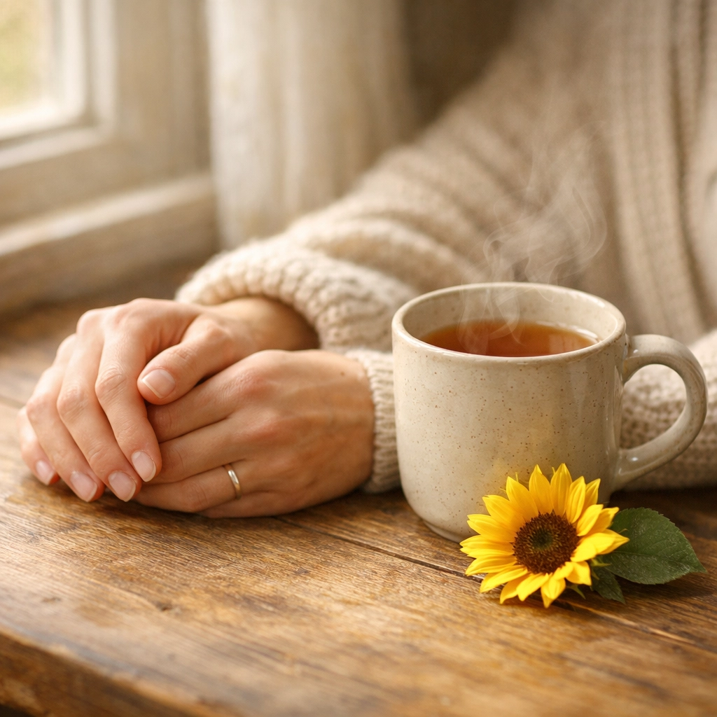 A reflective moment with tea and a Kansas sunflower as a woman considers becoming a gestational surrogate.