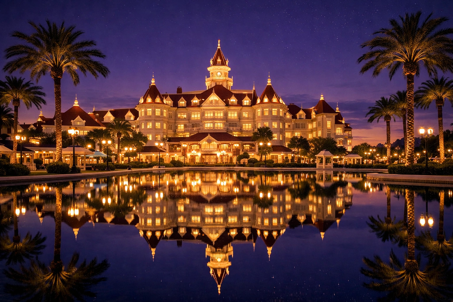A luxury Disney resort at night with beautiful lights reflecting in a palm-lined pool.