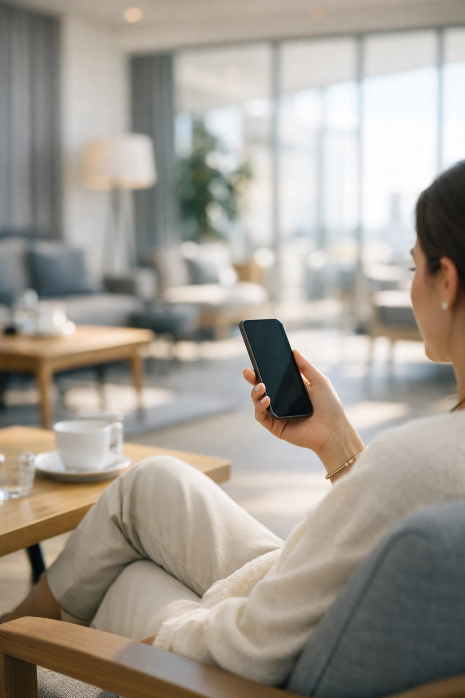 A relaxed guest using a mobile app in a hotel lounge to interact with a digital-first loyalty program.
