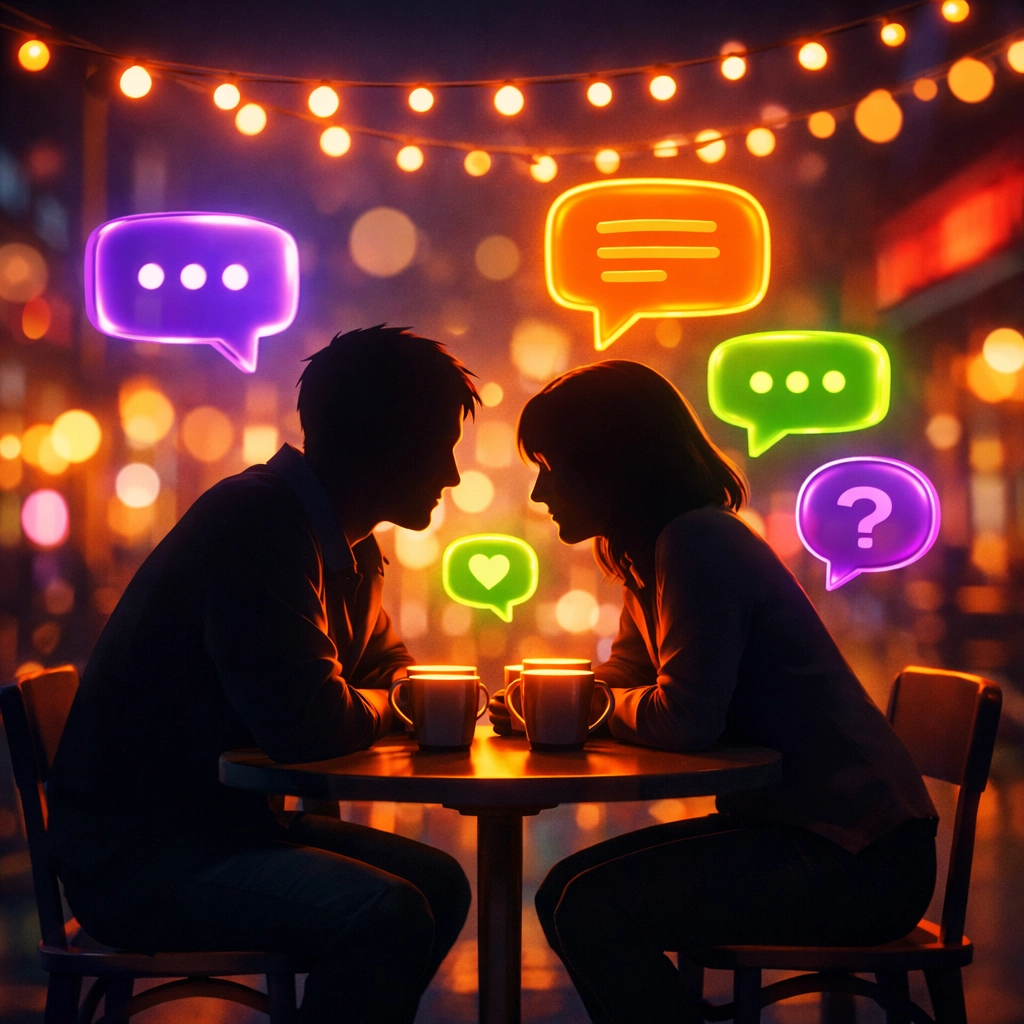 Two people having honest conversation about dating intentions at intimate café setting